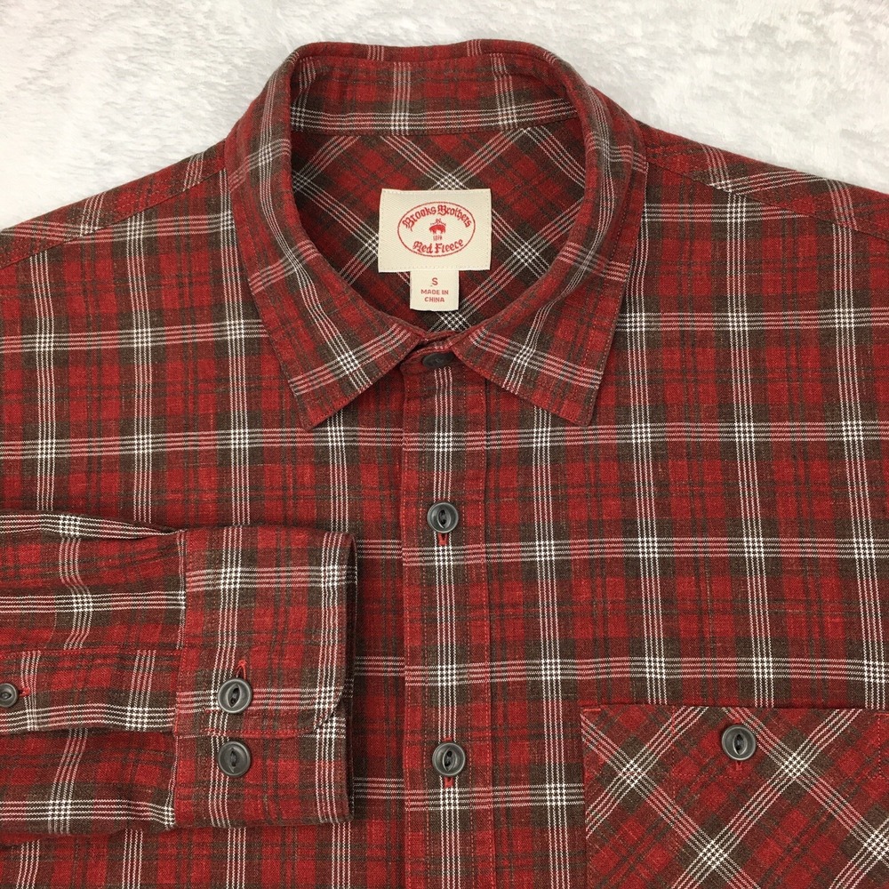 Brooks Brothers Shirt Mens Small Red Plaid Red Fleece Long Sleeves